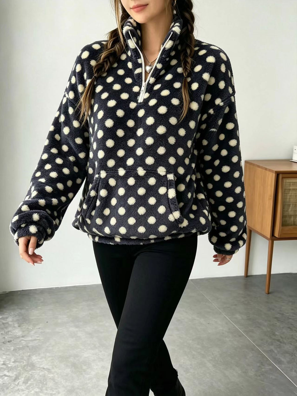 Fuzzy Polka Dot Half Zip Fleece Jacket - Black - 2