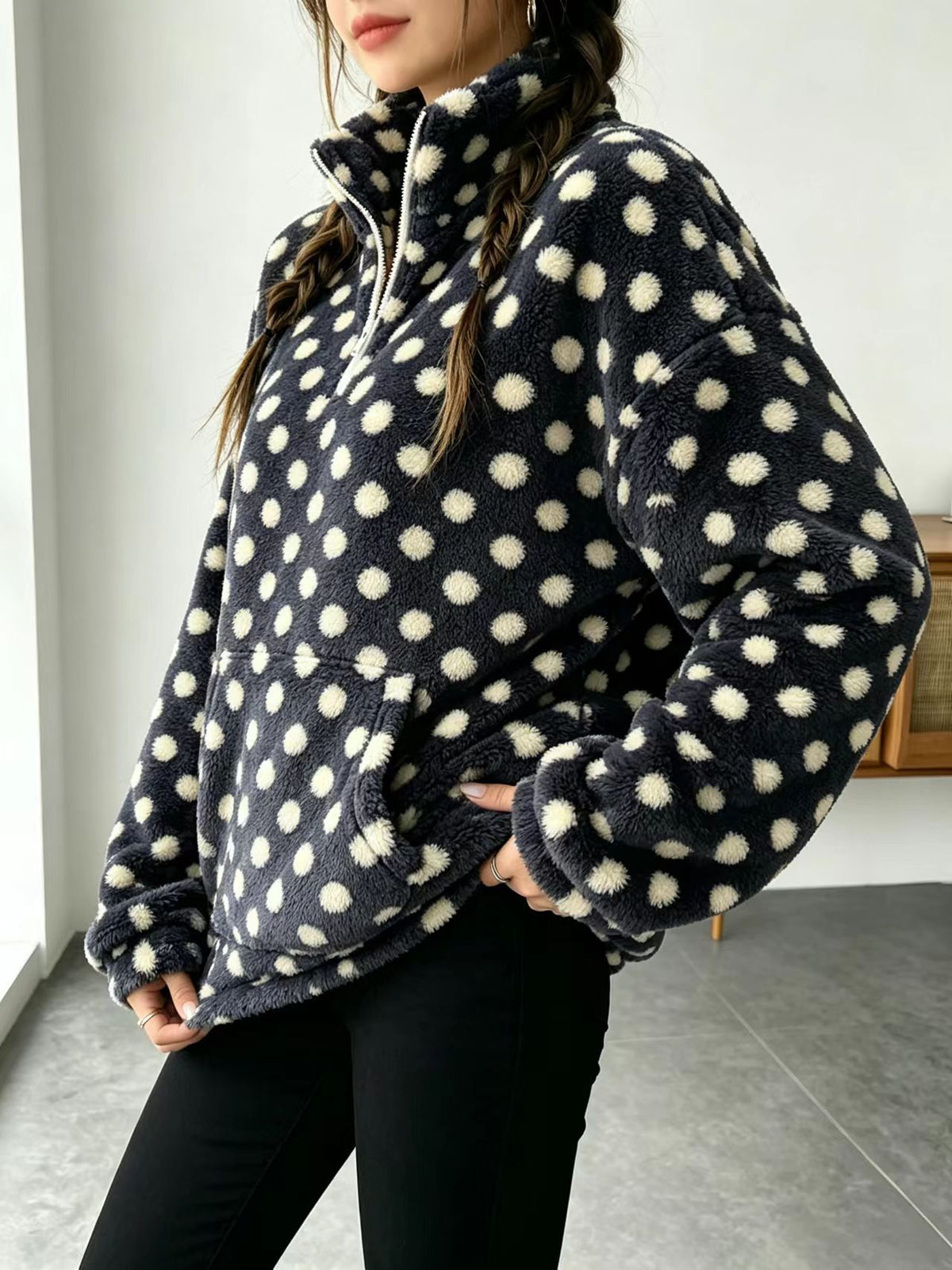 Fuzzy Polka Dot Half Zip Fleece Jacket - Black - 3
