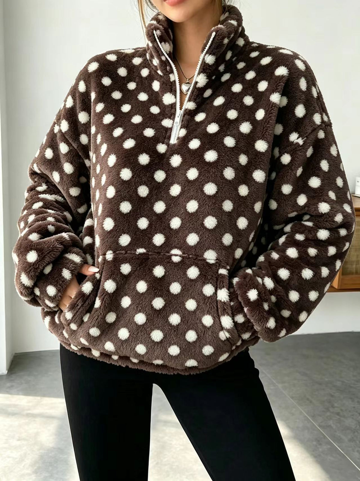 Fuzzy Polka Dot Half Zip Fleece Jacket - Coffee - 2