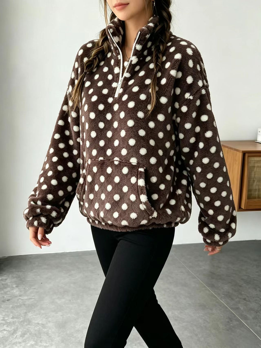 Fuzzy Polka Dot Half Zip Fleece Jacket - Coffee - 3
