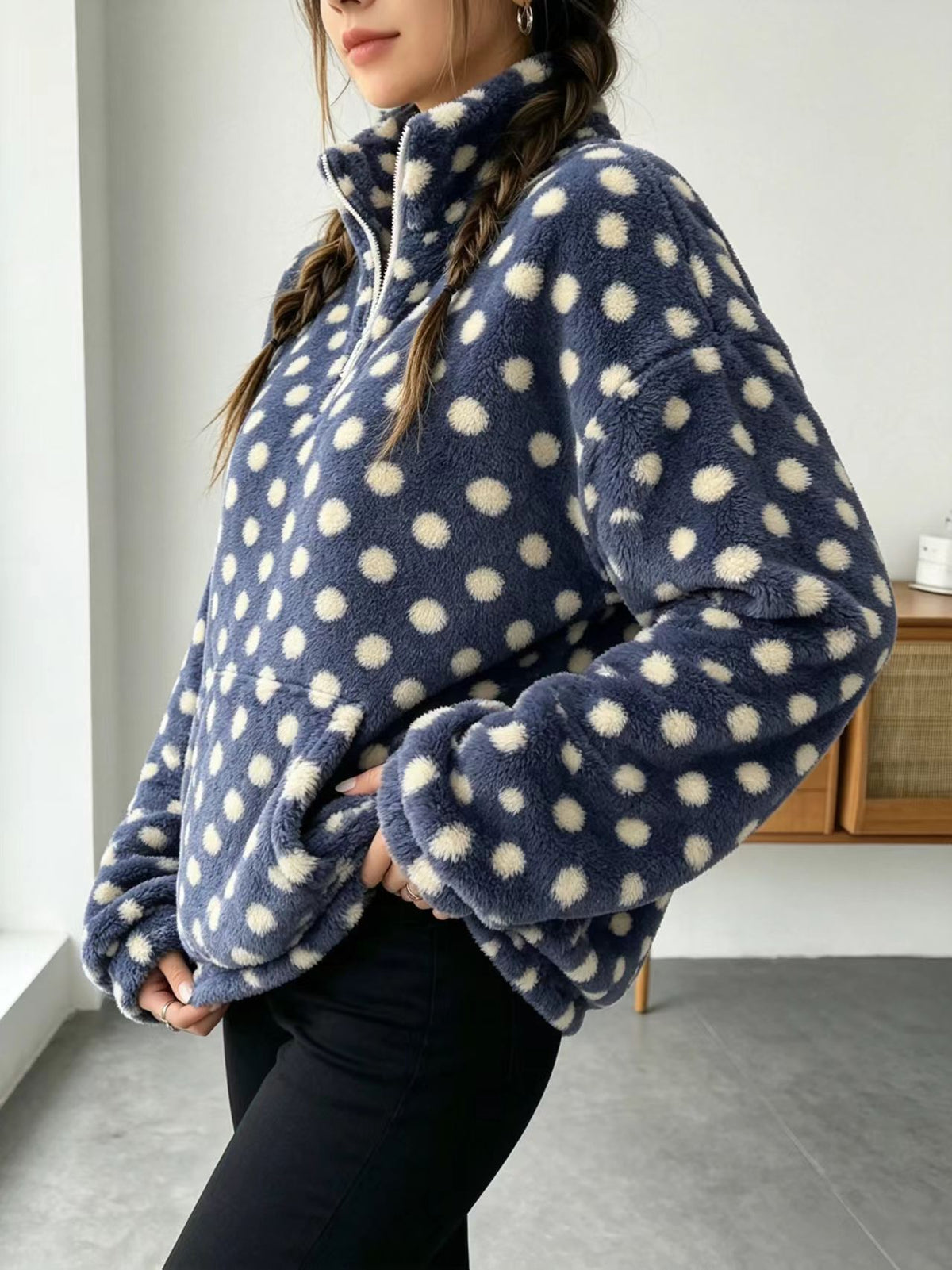 Fuzzy Polka Dot Half Zip Fleece Jacket - Dark_Blue - 2