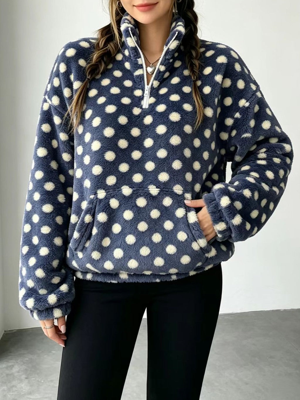 Fuzzy Polka Dot Half Zip Fleece Jacket - Dark_Blue - 3