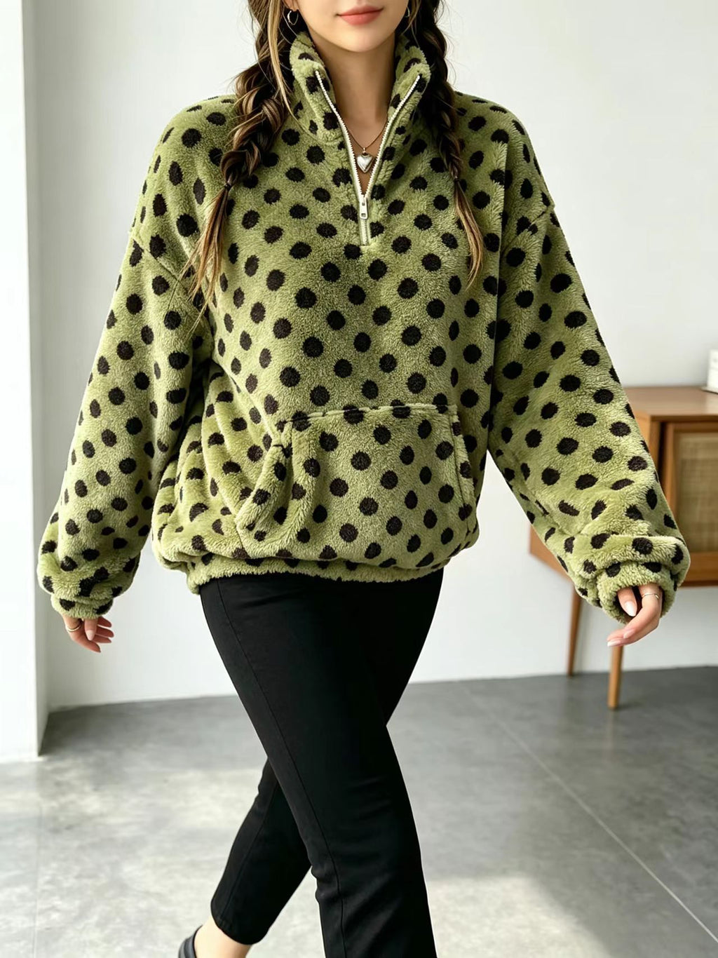 Fuzzy Polka Dot Half Zip Fleece Jacket - Green - 1