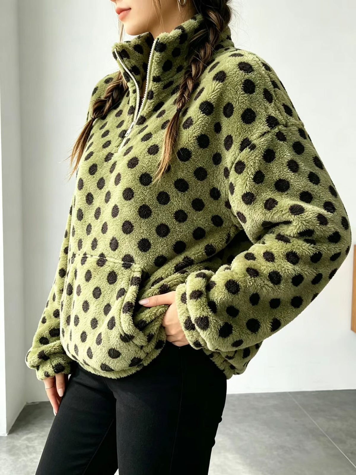 Fuzzy Polka Dot Half Zip Fleece Jacket - Green - 2
