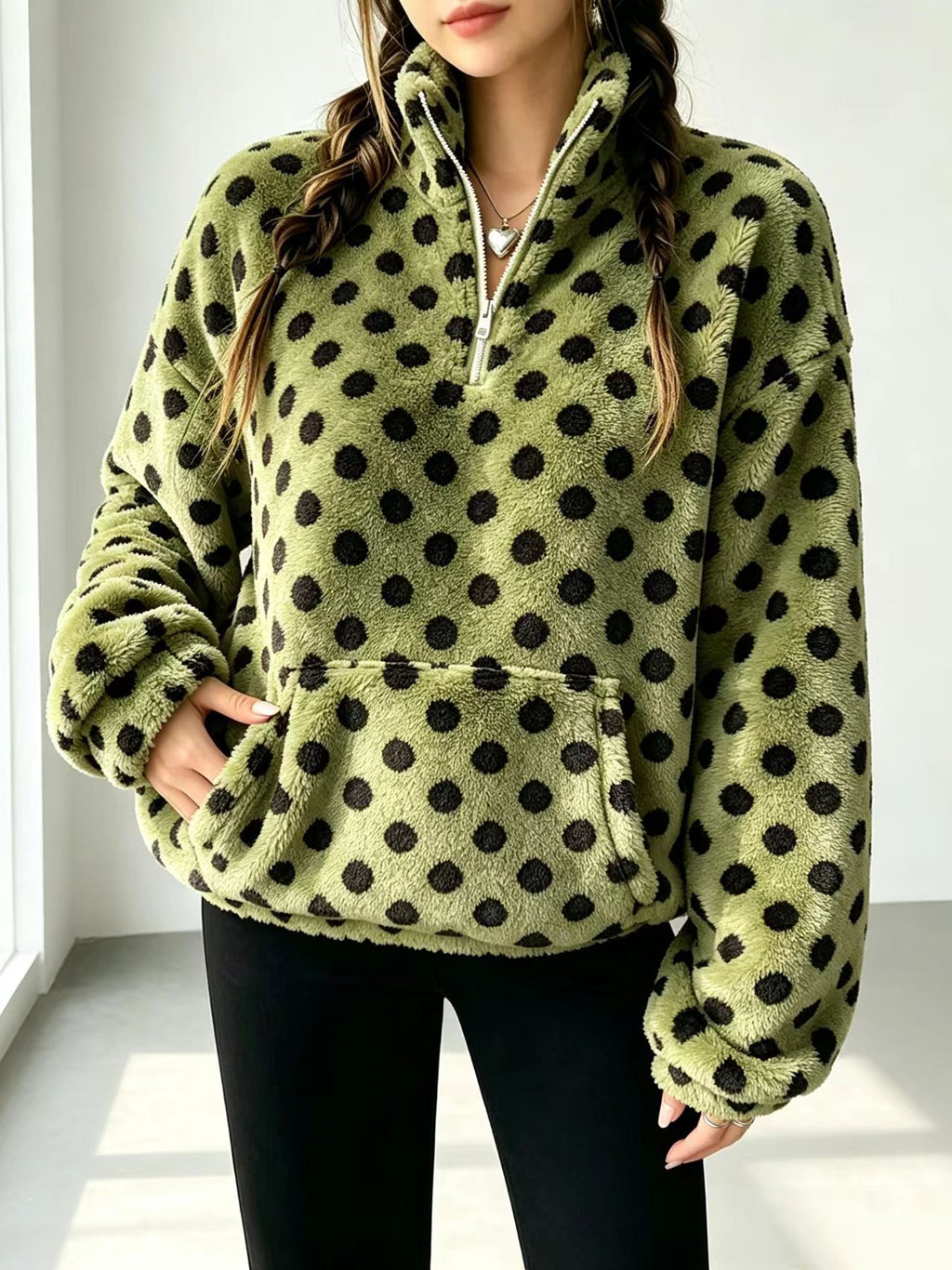 Fuzzy Polka Dot Half Zip Fleece Jacket - Green - 3