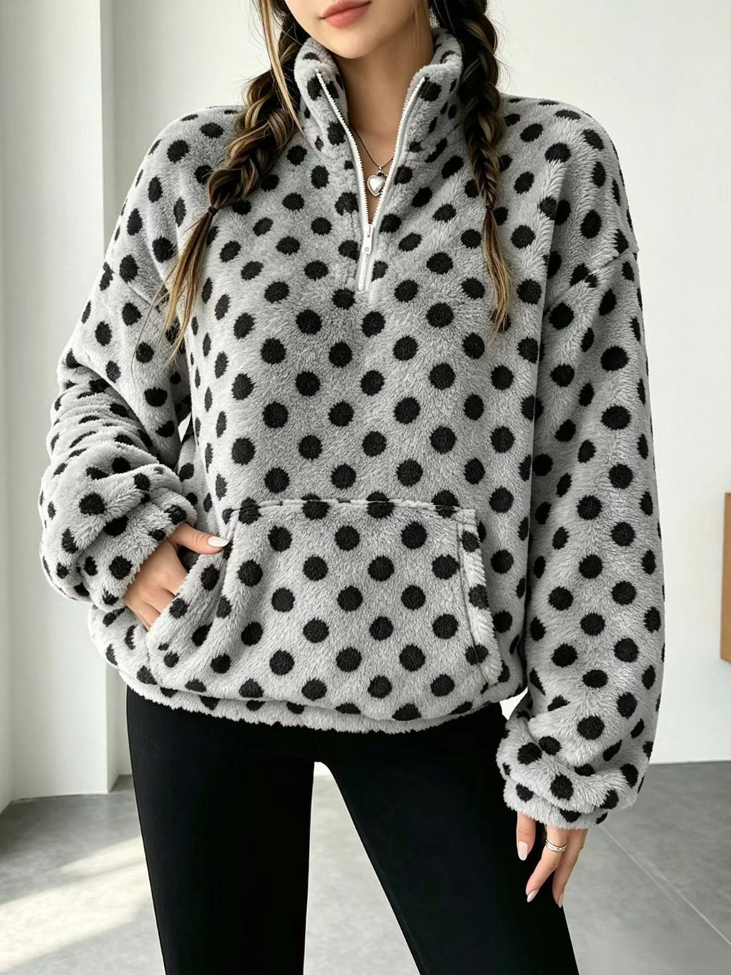 Fuzzy Polka Dot Half Zip Fleece Jacket - Grey