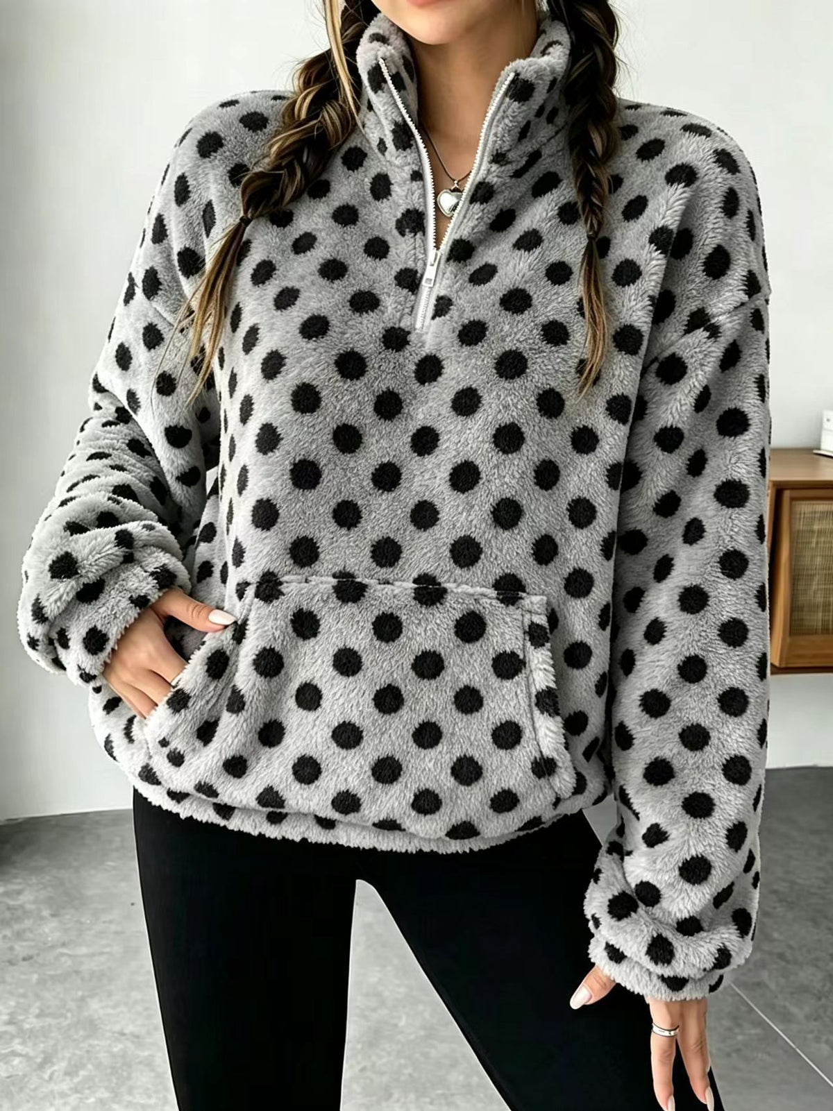 Fuzzy Polka Dot Half Zip Fleece Jacket - Grey - 1