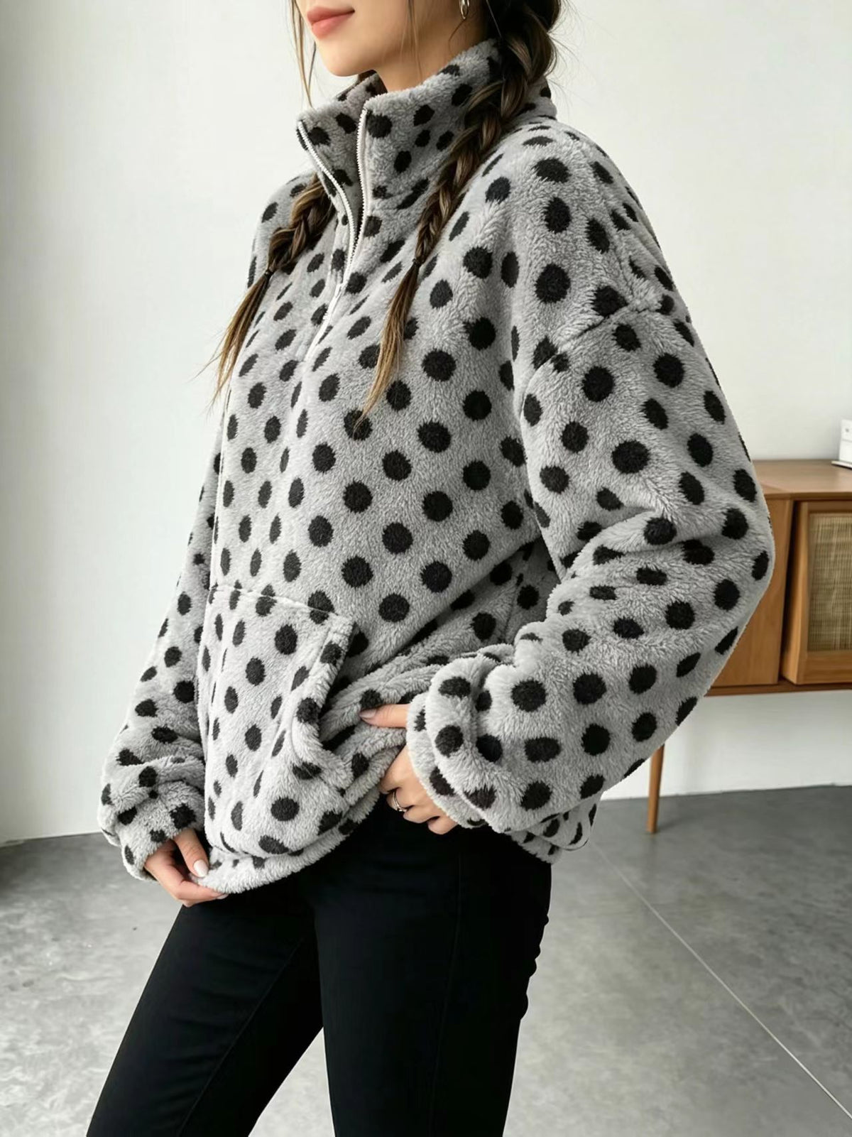 Fuzzy Polka Dot Half Zip Fleece Jacket - Grey - 2