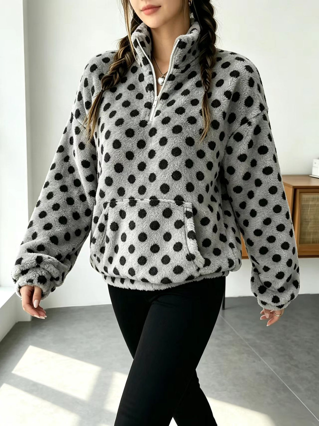 Fuzzy Polka Dot Half Zip Fleece Jacket - Grey - 3