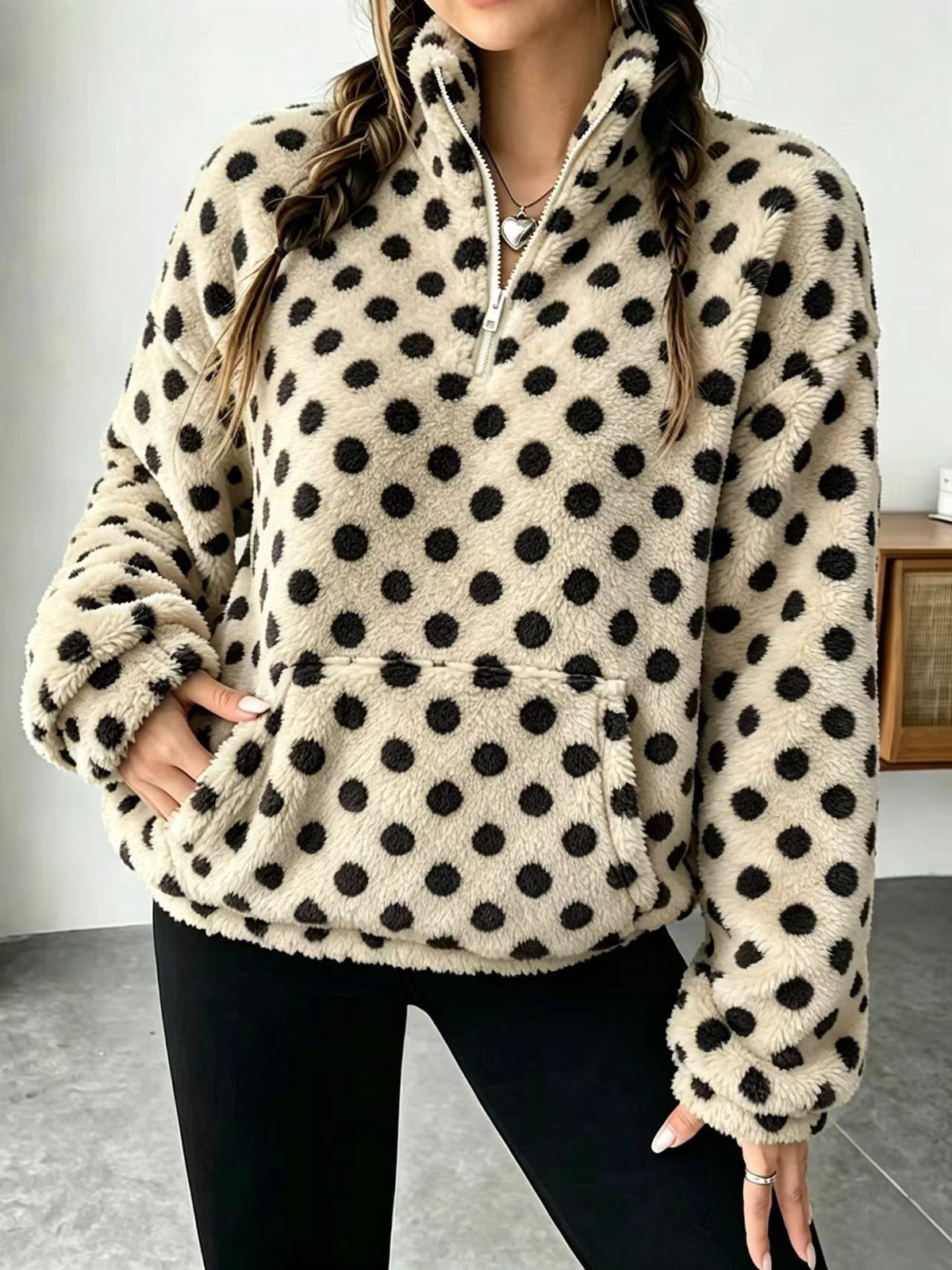 Fuzzy Polka Dot Half Zip Fleece Jacket - Khaki