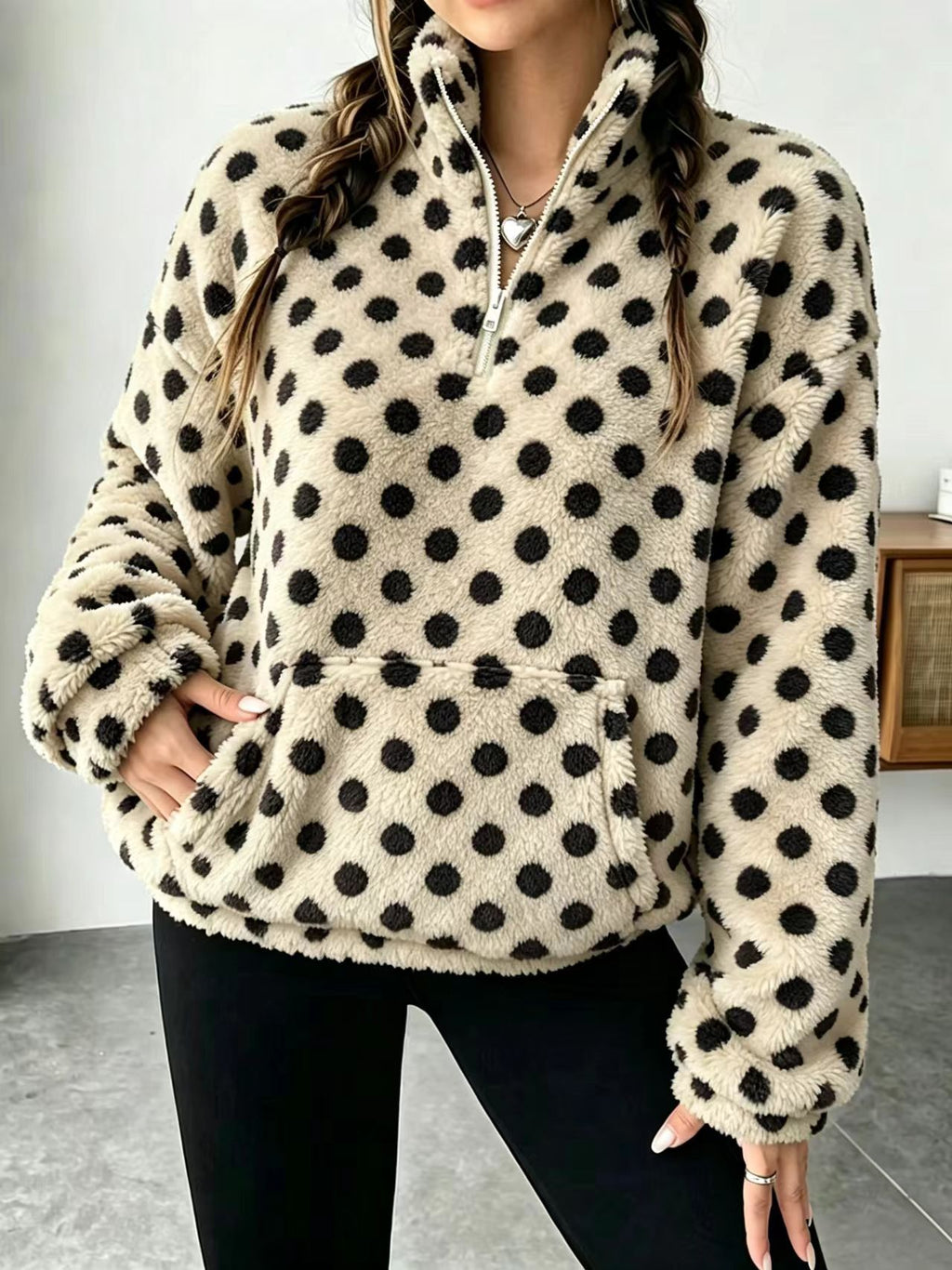 Fuzzy Polka Dot Half Zip Fleece Jacket - Khaki - 1