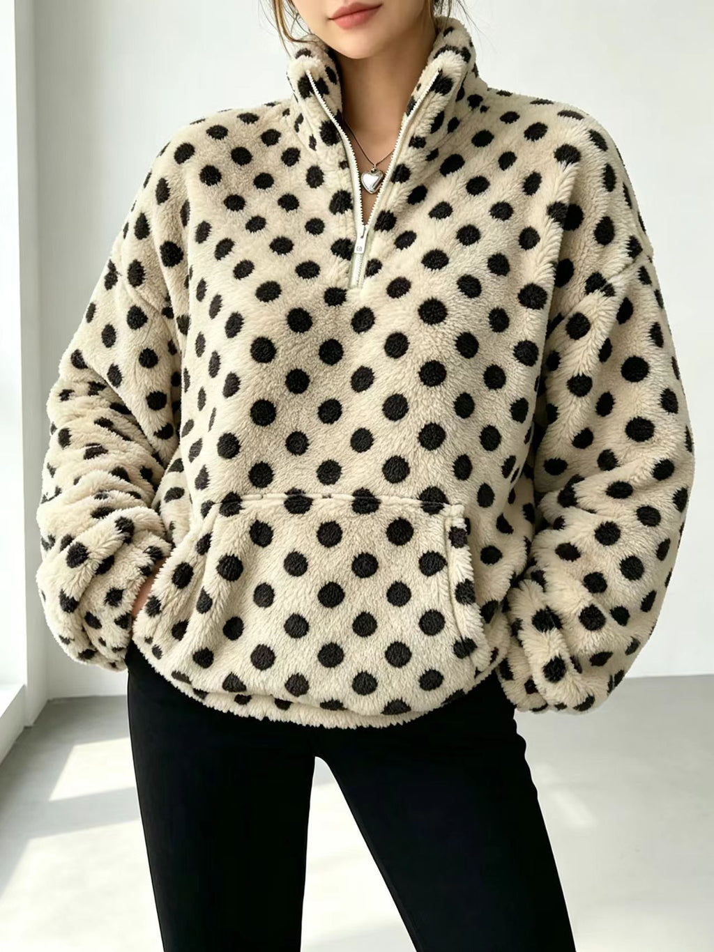 Fuzzy Polka Dot Half Zip Fleece Jacket - Khaki - 2