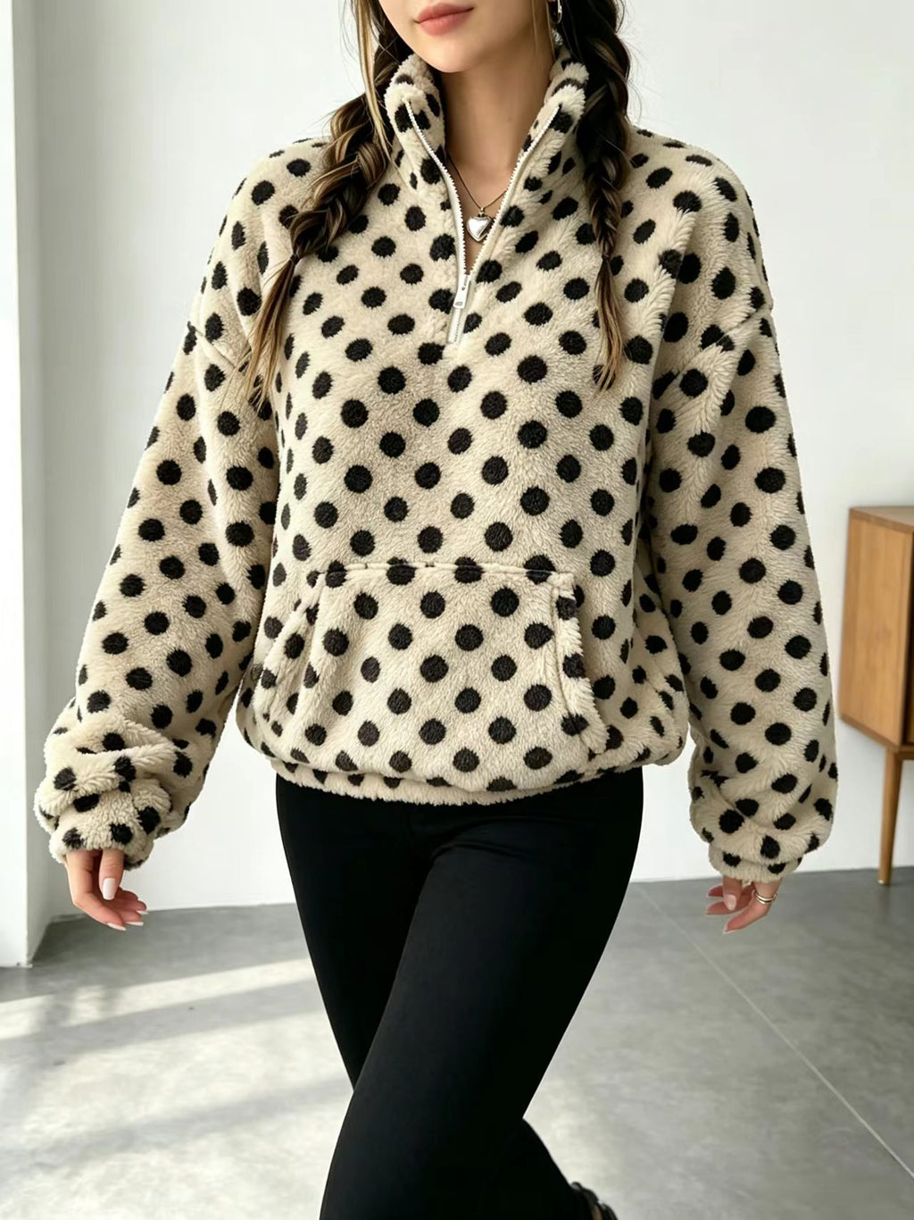 Fuzzy Polka Dot Half Zip Fleece Jacket - Khaki - 3