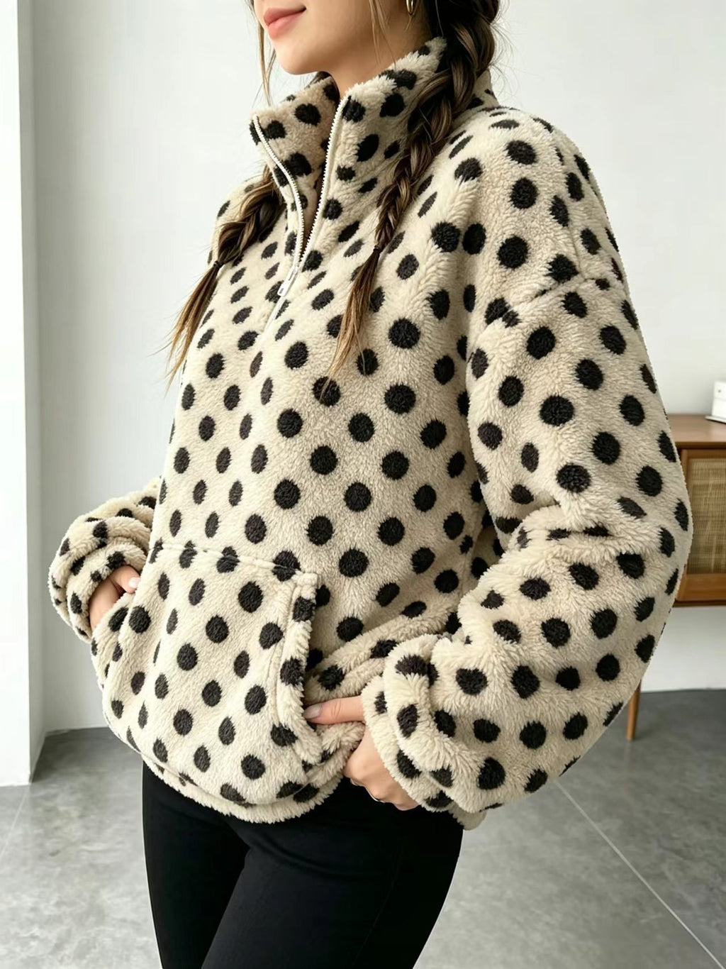 Fuzzy Polka Dot Half Zip Fleece Jacket - Khaki - 4