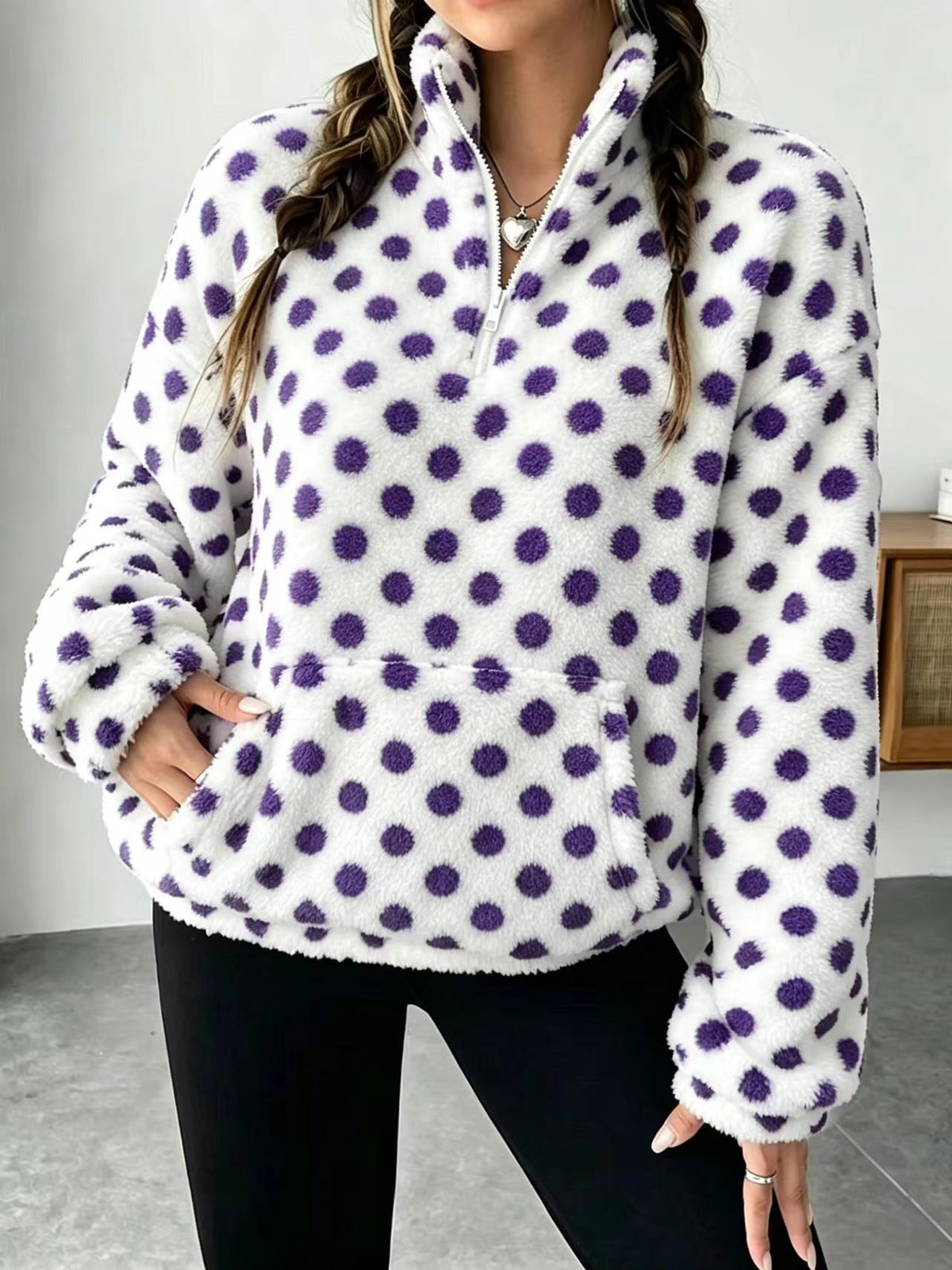 Fuzzy Polka Dot Half Zip Fleece Jacket - Purple