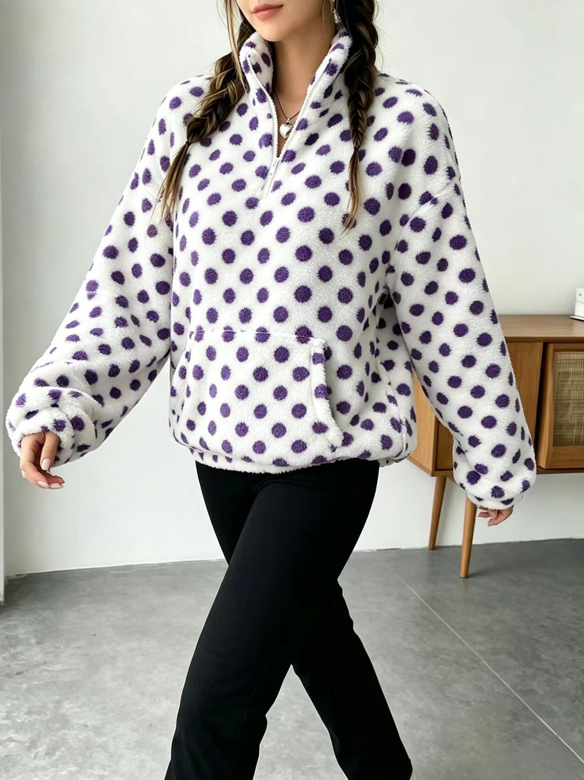Fuzzy Polka Dot Half Zip Fleece Jacket - Purple - 1
