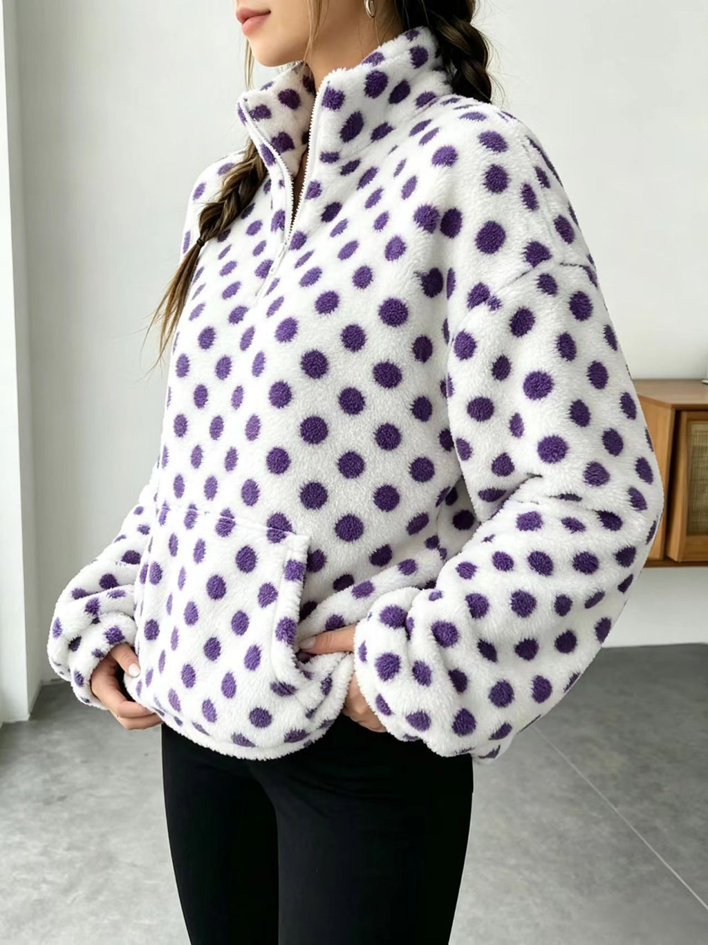 Fuzzy Polka Dot Half Zip Fleece Jacket - Purple - 2