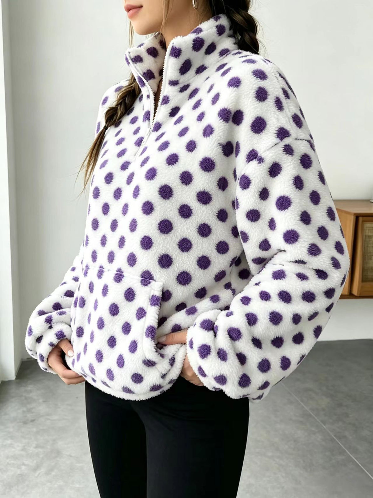 Fuzzy Polka Dot Half Zip Fleece Jacket - Purple - 2