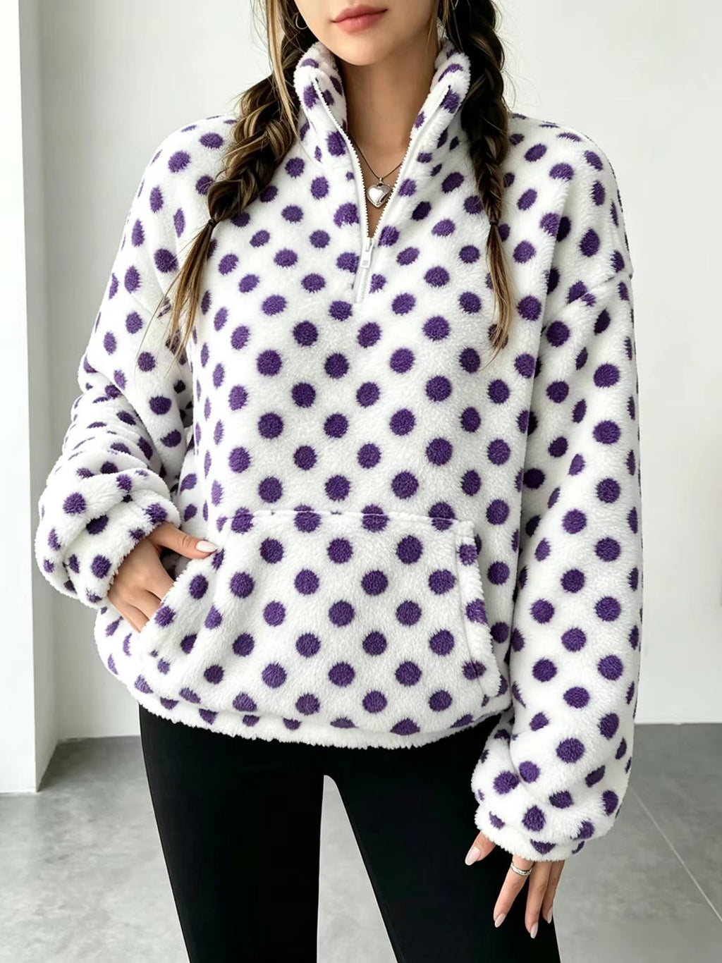 Fuzzy Polka Dot Half Zip Fleece Jacket - Purple - 3