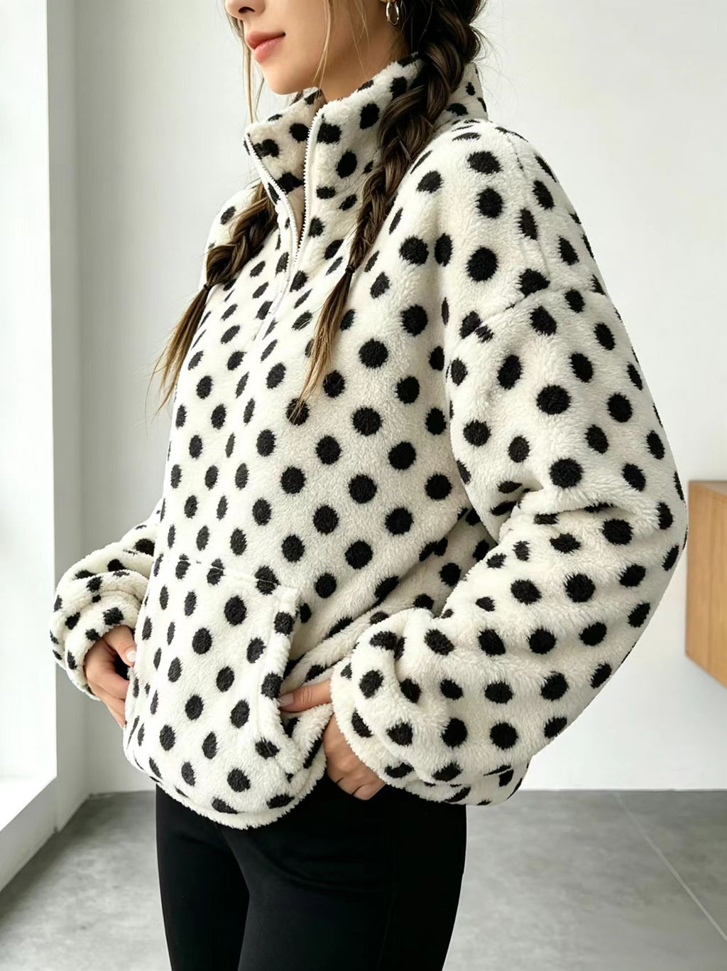 Fuzzy Polka Dot Half Zip Fleece Jacket - White - 1