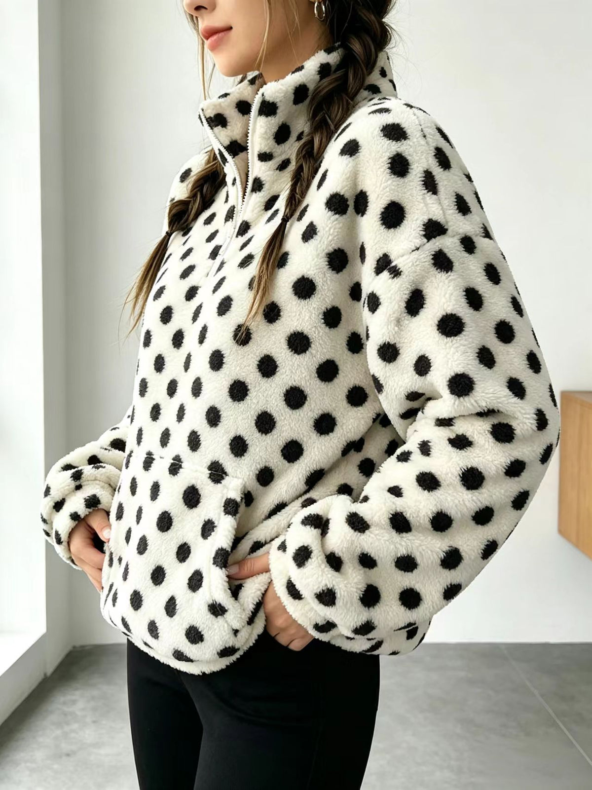 Fuzzy Polka Dot Half Zip Fleece Jacket - White - 1