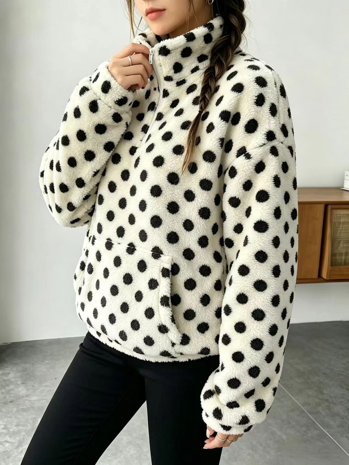 Fuzzy Polka Dot Half Zip Fleece Jacket - White - 2