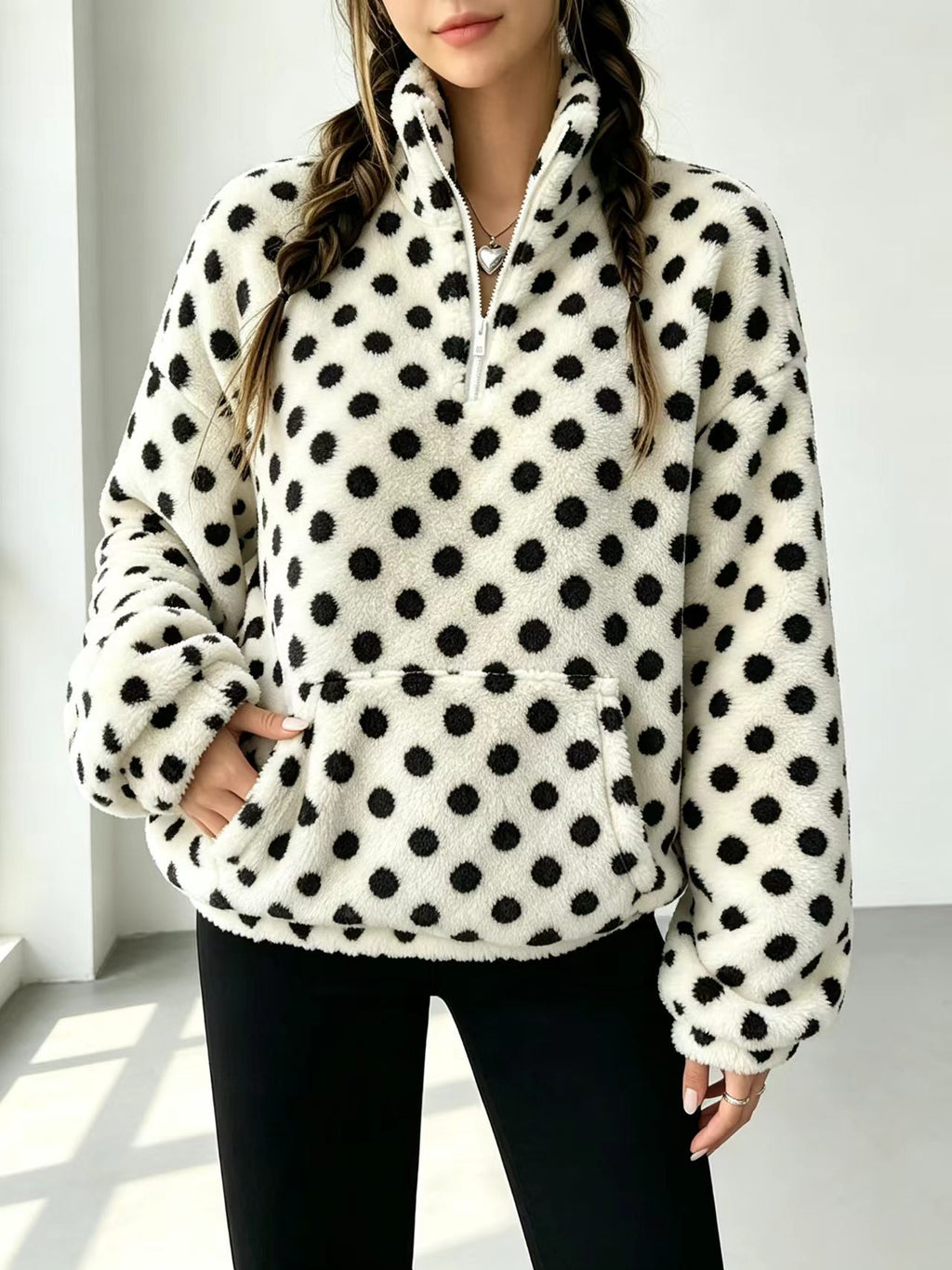 Fuzzy Polka Dot Half Zip Fleece Jacket - White - 3