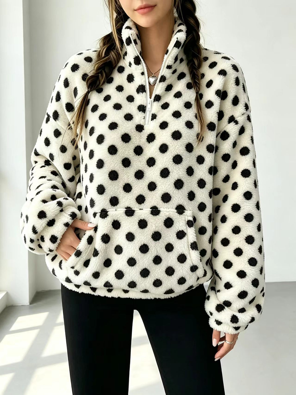 Fuzzy Polka Dot Half Zip Fleece Jacket - White - 3