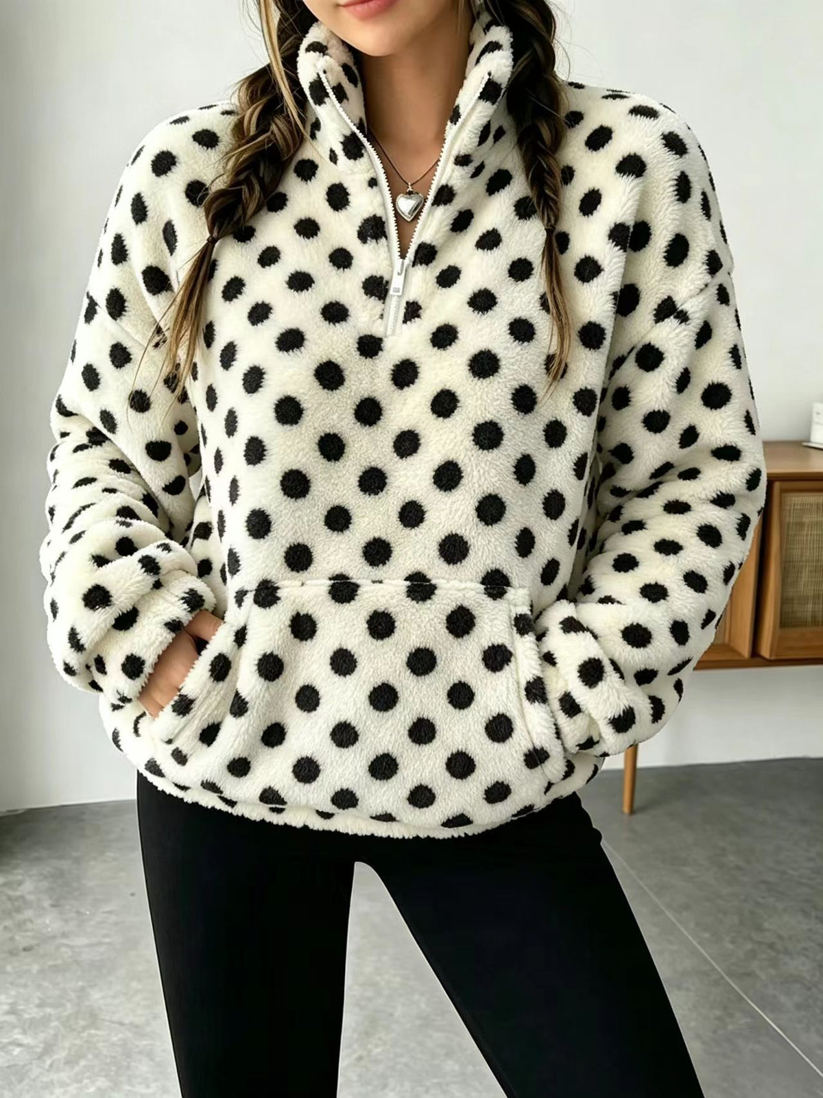Fuzzy Polka Dot Half Zip Fleece Jacket - White - 4
