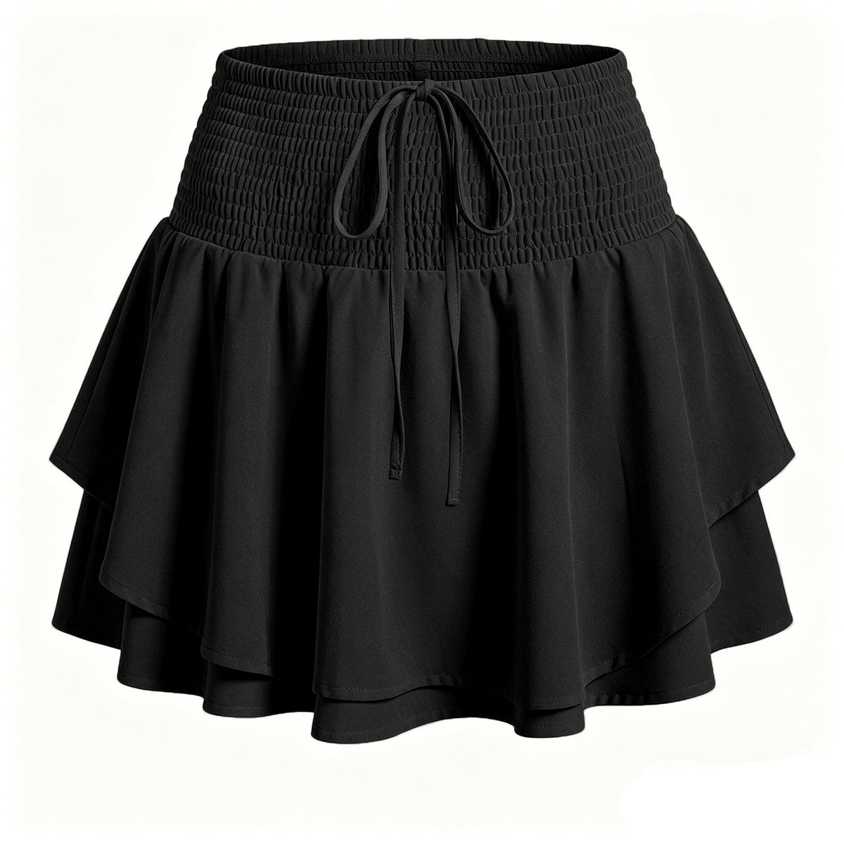 Smocked Waist Tiered Ruffle Skort - Black