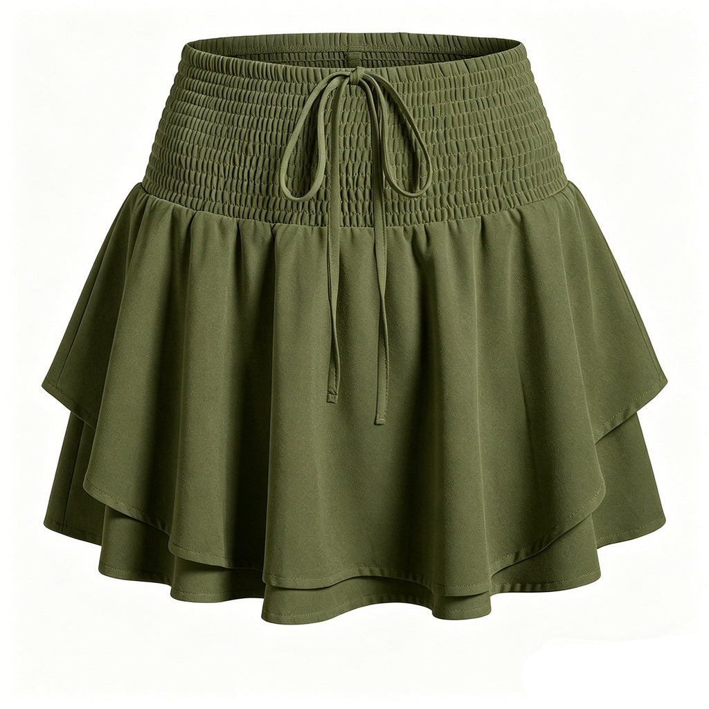 Smocked Waist Tiered Ruffle Skort - Green