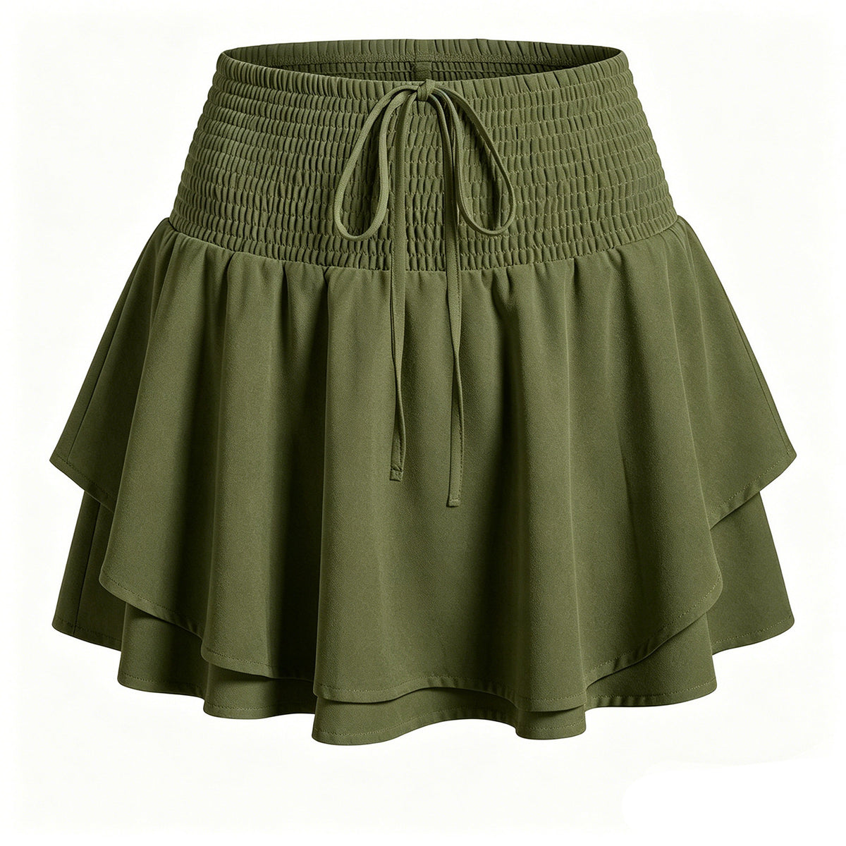 Smocked Waist Tiered Ruffle Skort - Green