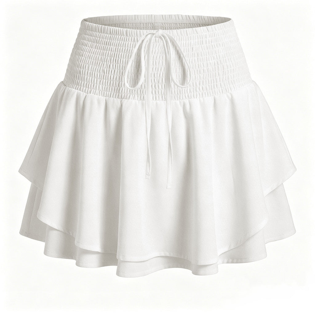 Smocked Waist Tiered Ruffle Skort - White