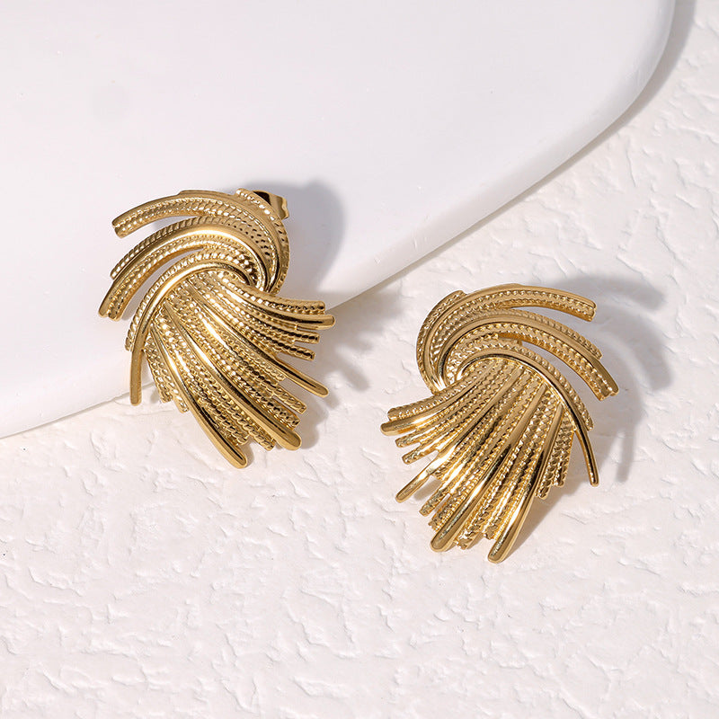 Textured Feather-Fan Statement Stud Earrings - Gold