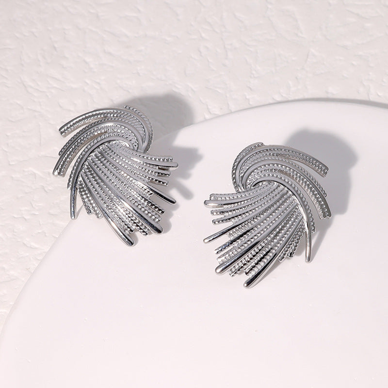Textured Feather-Fan Statement Stud Earrings - Steel