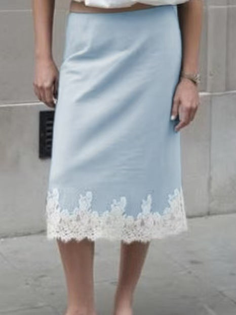 Lace Hem Silky Midi Slip Skirt - Blue
