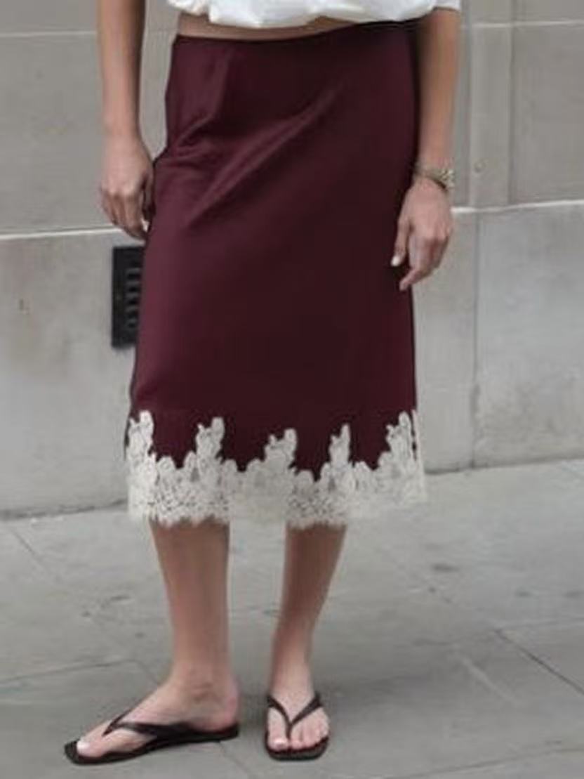 Lace Hem Silky Midi Slip Skirt - Burgundy