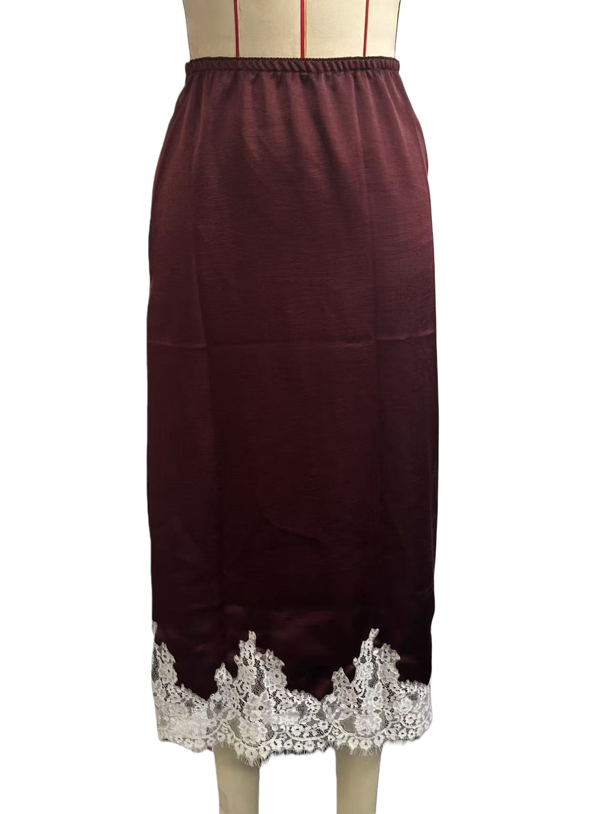 Lace Hem Silky Midi Slip Skirt - Burgundy - 1
