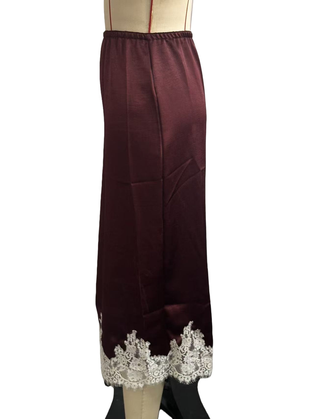 Lace Hem Silky Midi Slip Skirt - Burgundy - 2