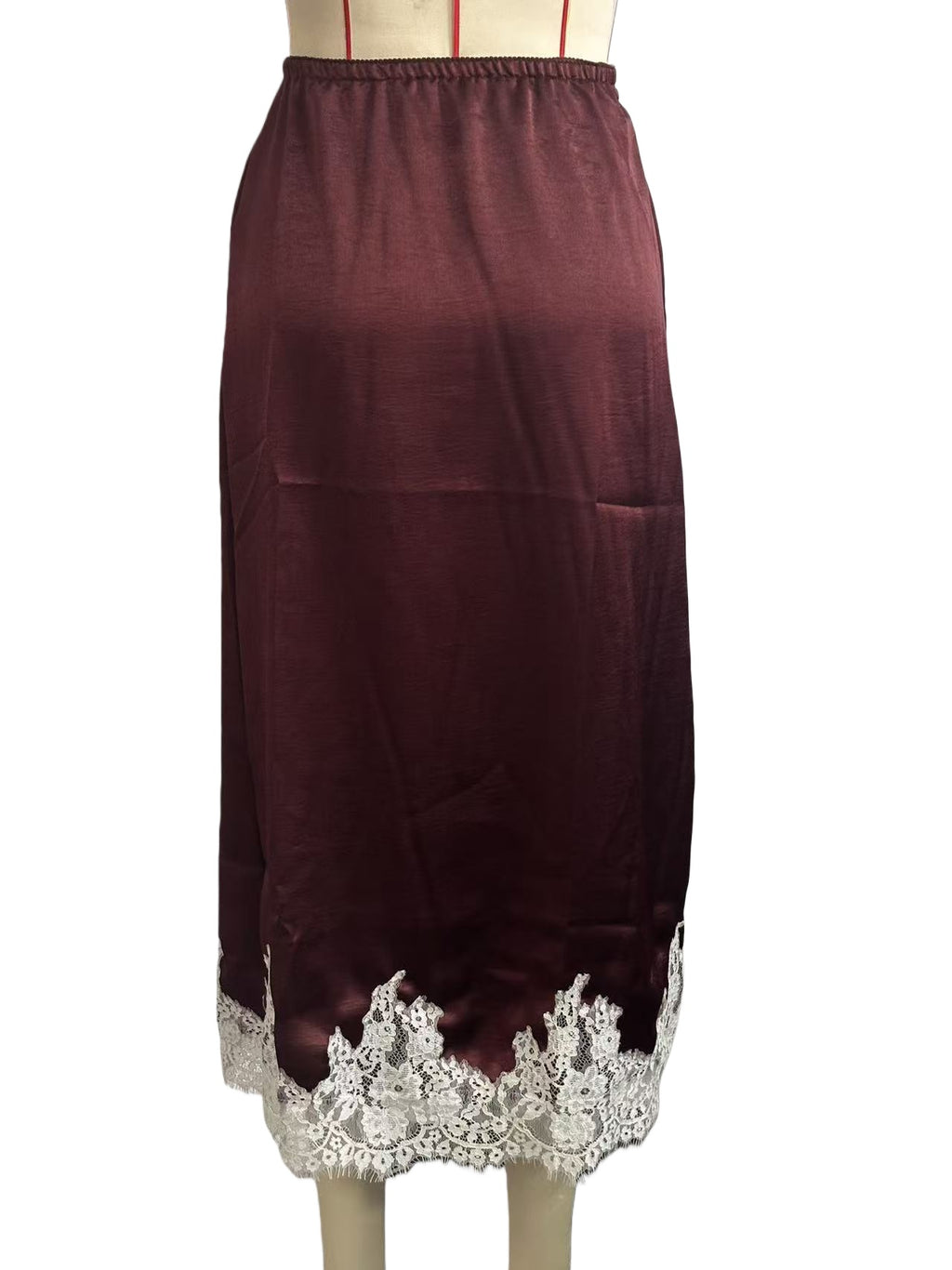 Lace Hem Silky Midi Slip Skirt - Burgundy - 3