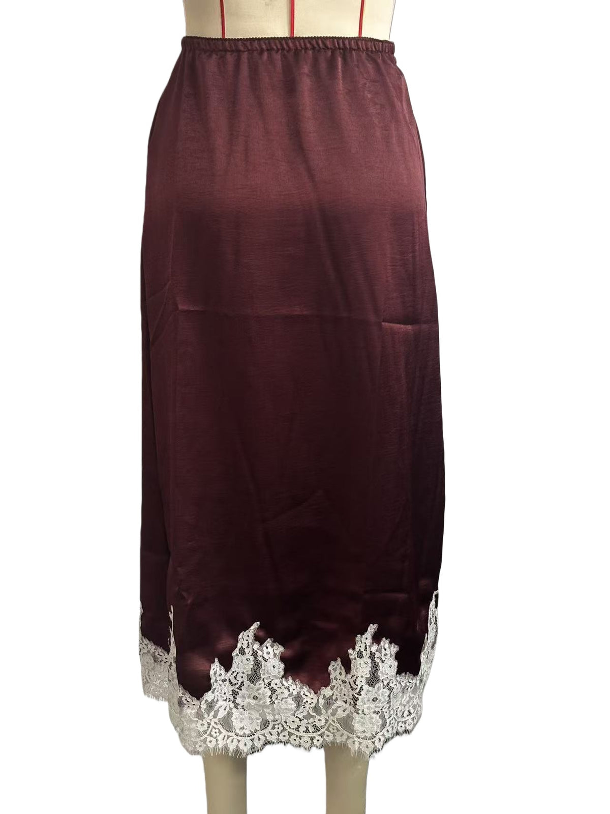 Lace Hem Silky Midi Slip Skirt - Burgundy - 3