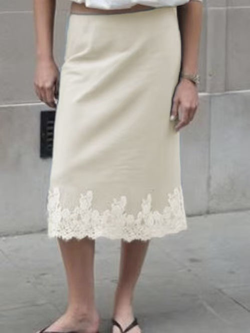 Lace Hem Silky Midi Slip Skirt - Champagne