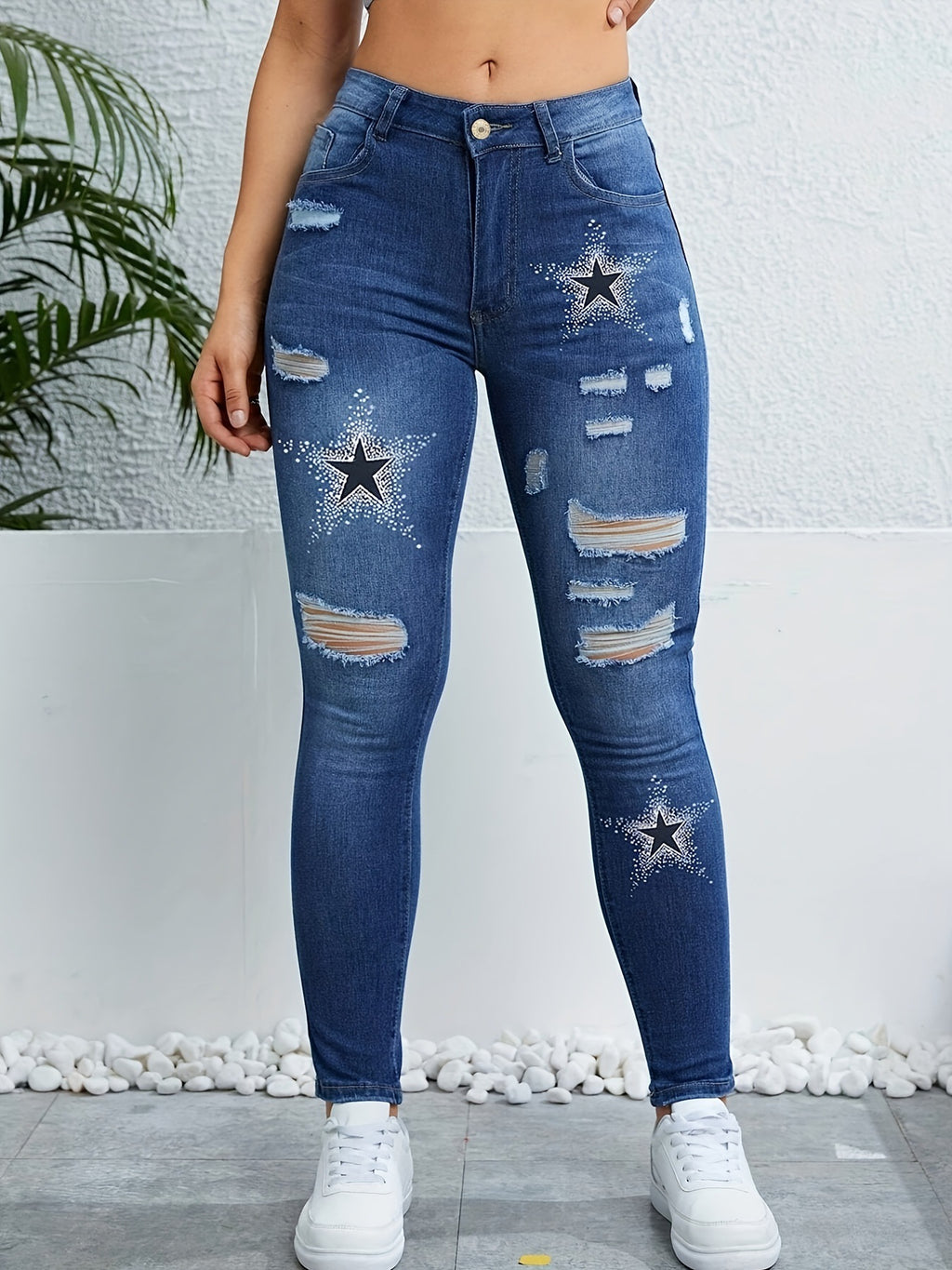 Star Patch Ripped Skinny Jeans - Blue