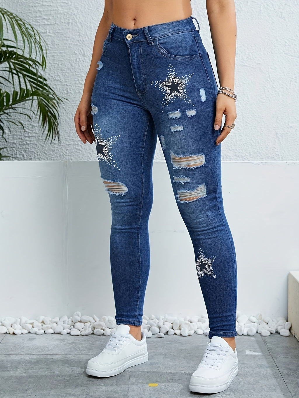 Star Patch Ripped Skinny Jeans - Blue - 1