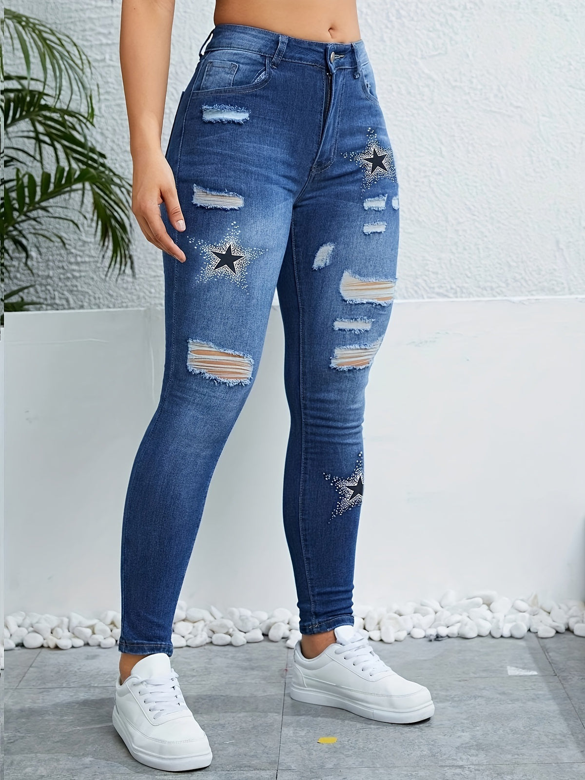 Star Patch Ripped Skinny Jeans - Blue - 2