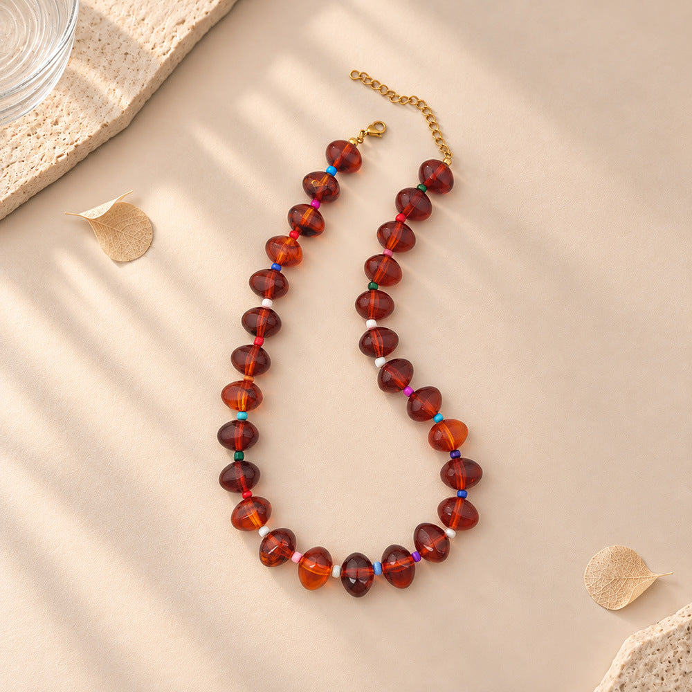 Chunky Oval Bead Necklace with Seed Bead Accents - Amber