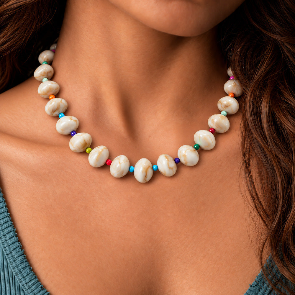 Chunky Oval Bead Necklace with Seed Bead Accents - Beige