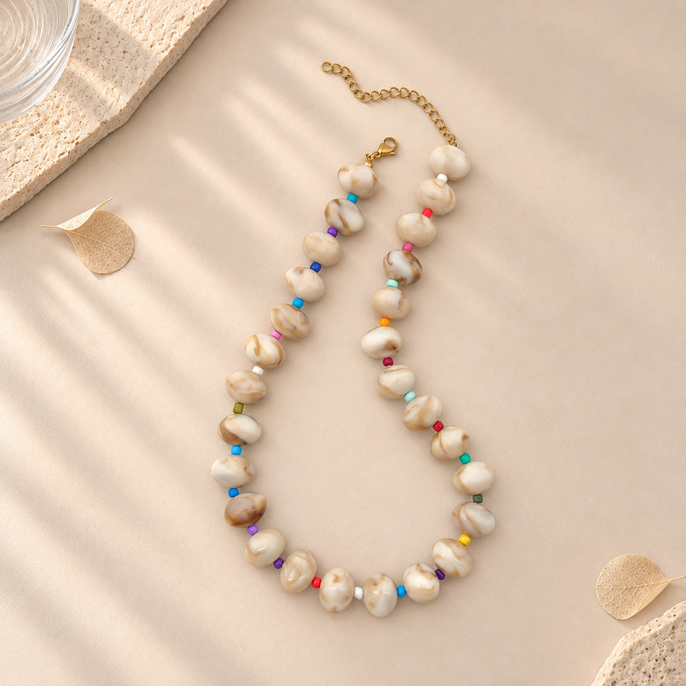 Chunky Oval Bead Necklace with Seed Bead Accents - Beige - 1