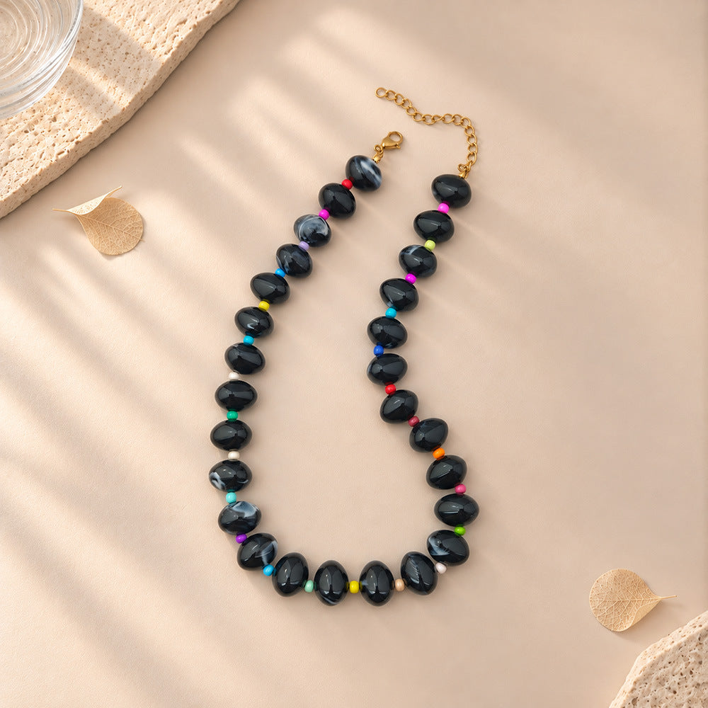 Chunky Oval Bead Necklace with Seed Bead Accents - Black