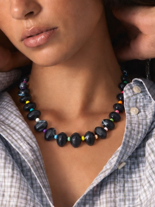 Chunky Oval Bead Necklace with Seed Bead Accents - Black - 1